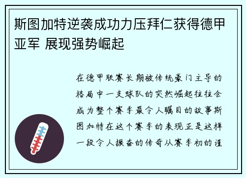 斯图加特逆袭成功力压拜仁获得德甲亚军 展现强势崛起